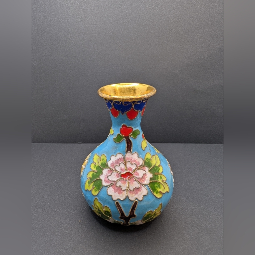Vintage Cloisonnée Blue and Gold Floral Vase
